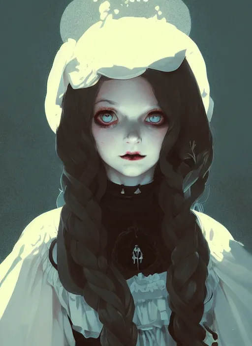 Image similar to highly detailed portrait of gothic lolita in a white dress, dark mood, by atey ghailan, by greg rutkowski, by greg tocchini, by james gilleard, by joe fenton, by kaethe butcher, gradient light blue, brown, blonde cream and white color scheme, grunge aesthetic