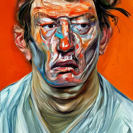 Image similar to high quality high detail portrait painting of a man in agony by lucian freud and jenny saville and francis bacon, hd, anxiety, turquoise and orange