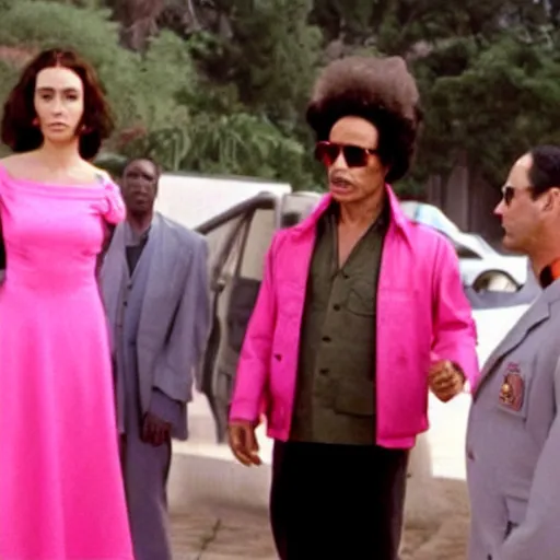 Image similar to A movie still of Muammar Gaddafi wearing a pink dress in Mean Girls