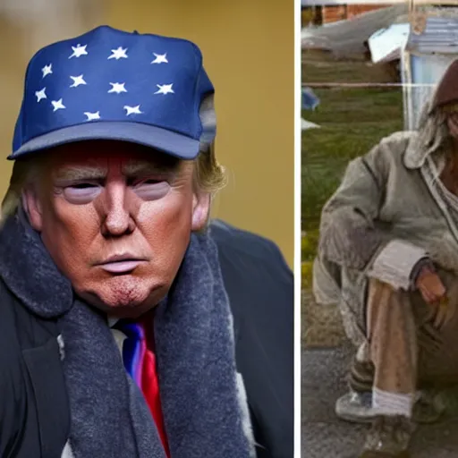 Image similar to donald trump dressed as a homeless man living in the slums