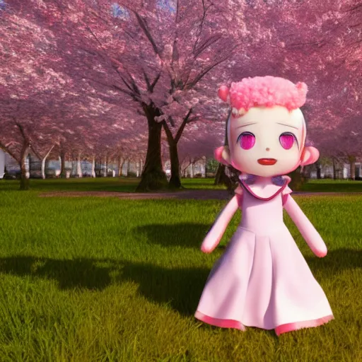 Image similar to cute fumo plush of a girl in the middle of a cherry blossom bloom, sakura, particle simulation, global illumination, vray