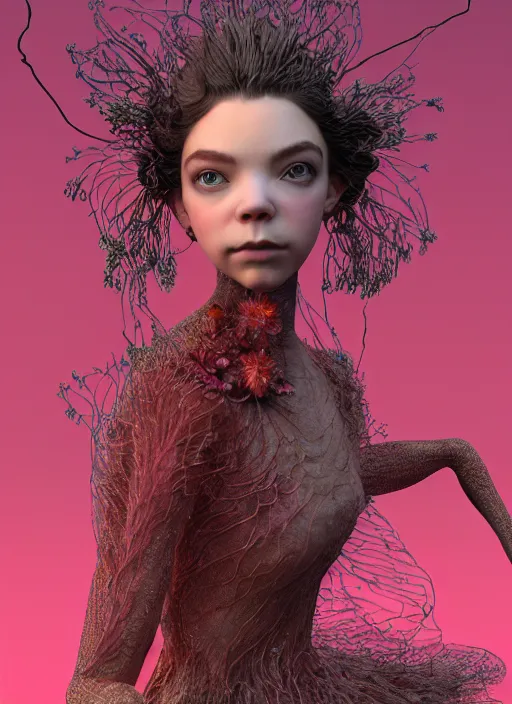 Image similar to hyper detailed 3d render like a Oil painting - very coherent Concrete displacement mapped profile (a beautiful fae princess protective playful expressive from dark crystal that looks like Anya Taylor-Joy) seen red carpet photoshoot in UVIVF posing in scaly dress to Eat of the Strangling network of yellowcake aerochrome and milky Fruit and His delicate Hands hold of gossamer polyp blossoms bring iridescent fungal flowers whose spores black the foolish stars by Jacek Yerka, Ilya Kuvshinov, Mariusz Lewandowski, Houdini algorithmic generative render, golen ratio, Abstract brush strokes, Masterpiece, Victor Nizovtsev and James Gilleard, Zdzislaw Beksinski, Tom Whalen, Mark Ryden, Wolfgang Lettl, hints of Yayoi Kasuma and Dr. Seuss, Grant Wood, octane render, 8k