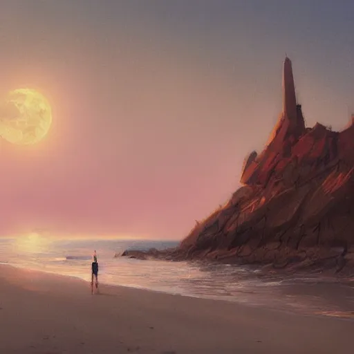 Prompt: a spot on the beach at twilight where i like to spend time thinking. by john avon and marc simonetti, early evening, moon in the sky, trending on artstation