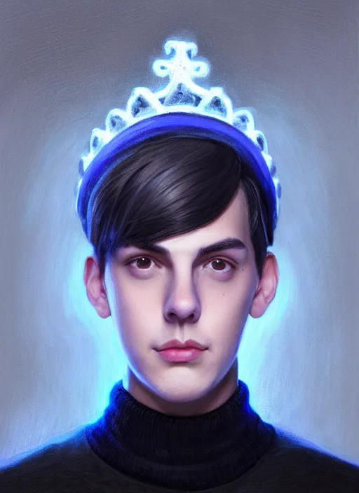 Image similar to portrait of teenage jughead jones wearing a light grey crown, crown, blue turtleneck, closed eyes, photorealistic, black hair, glowing lighting, intricate, elegant, glowing lights, highly detailed, digital painting, artstation, concept art, smooth, sharp focus, illustration, art by wlop, mars ravelo and greg rutkowski