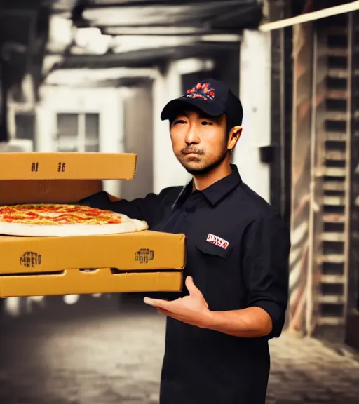 Image similar to suspicious pizza delivelery asian guy, dark building, deliver uniform, the place of the shooting, real life photo, 4 k, cyberpunk style, highly detailed, focus on face