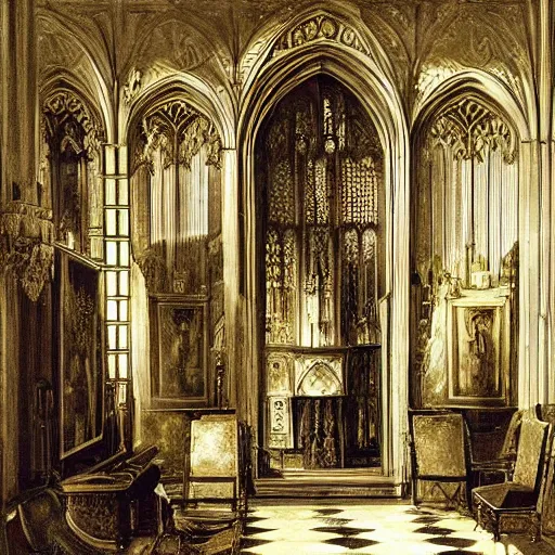 Image similar to interior of a gothic mansion, grand hall,