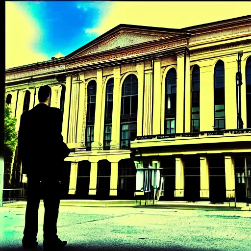 Prompt: a man standing in front of a courthouse, jury duty, bored, anger, bright green sky, digital art, backshot angle