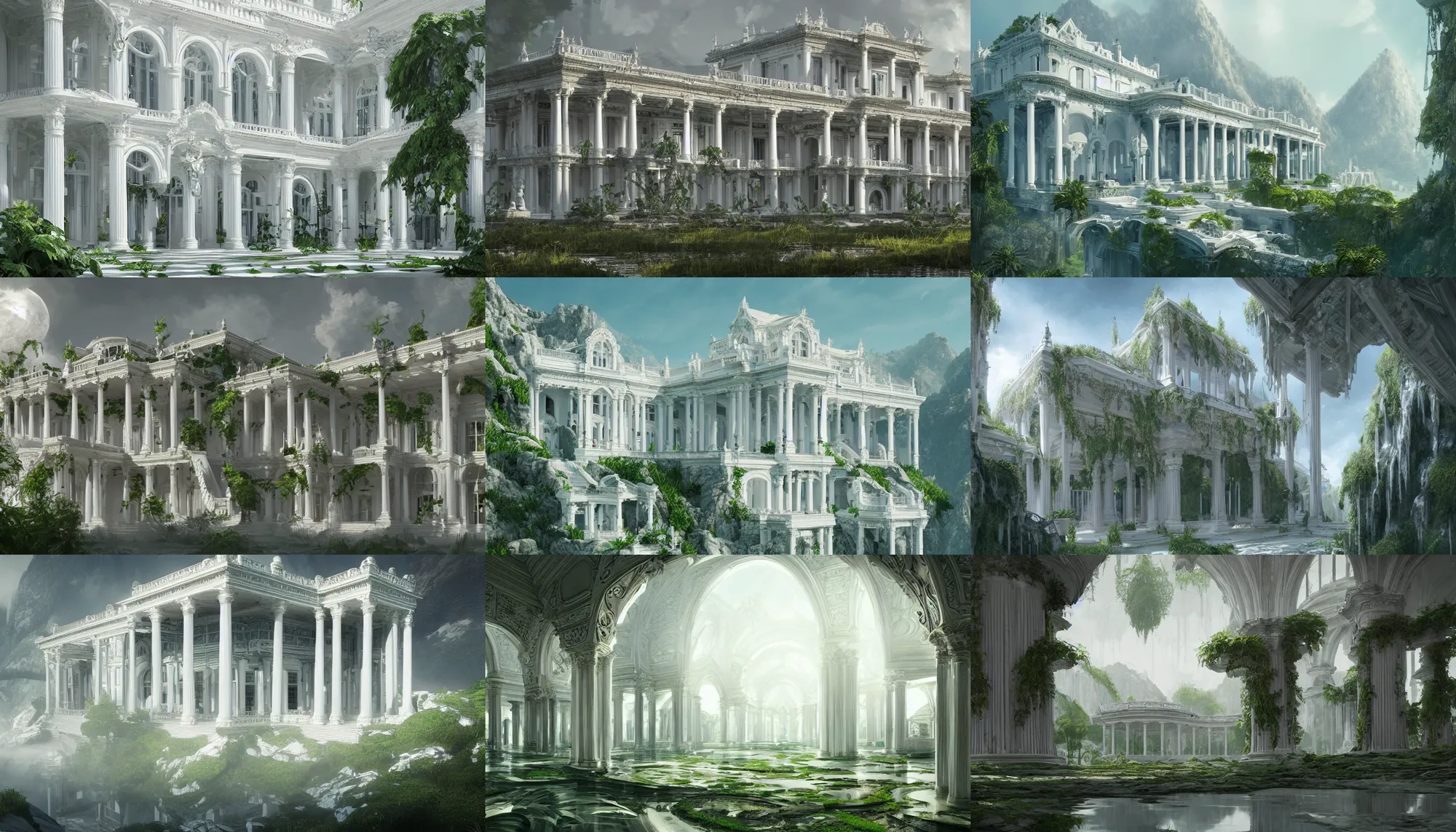 Prompt: Gorgeous white palace with big windows and columns built in the green mountains, hyperdetailed, artstation, cgsociety, 8k