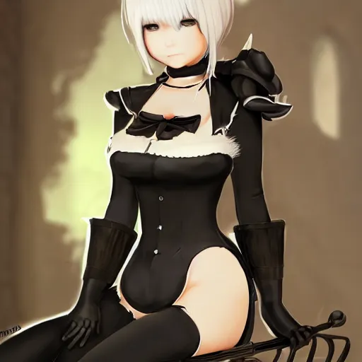 Image similar to full body portrait of 2B nier automata wearing a cat maid suit, fantasy art by Thomas romain, trending on artstation, artstationHD, artstationHQ