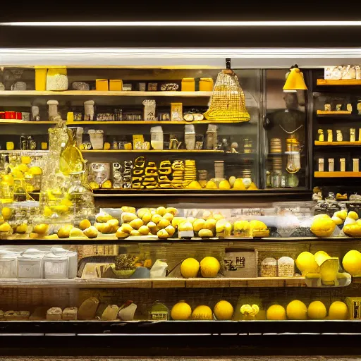 Image similar to still of the lemon shop, where they sell lemons, dslr, 8 k, octane beautifully detailed render, cold lighting, cinematic lighting, detailed photo, masterpiece, volumetric lighting, ultra realistic, highly detailed, high quality, lossless, photorealistic