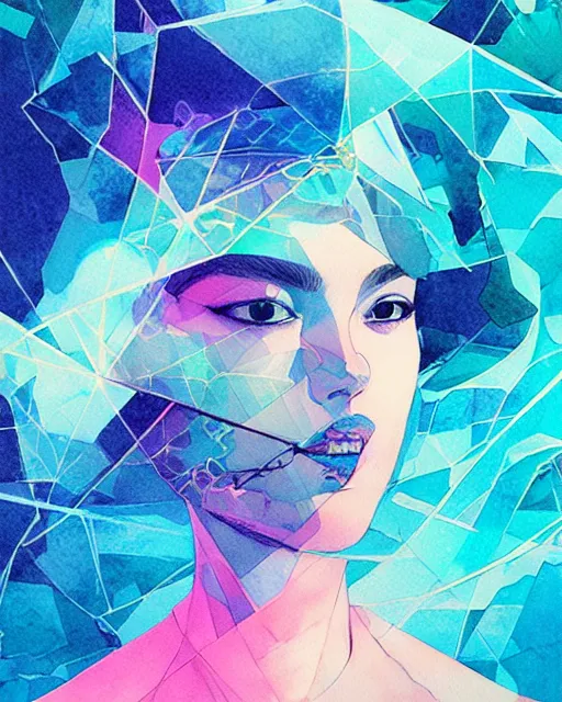 Image similar to vaporwave water smoke portrait, shattering acrylic geometric watercolor art by victo ngai and artgerm