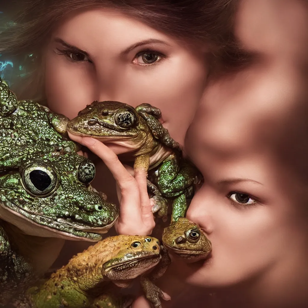 Image similar to a high-resolution color-chrome extreme closeup portrait photo of a beautiful princess kissing a toad, rococo Queen, sci-fi, high-tech, beautiful low light, style Steve McCurry Octane render 8k