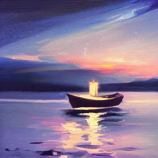 Image similar to a small boat under a moonlit sky with shimmering water. beautiful use of light and shadow to create a sense of depth and movement. using energetic brushwork and a limited color palette, providing a distinctive look and expressive quality in a rhythmic composition