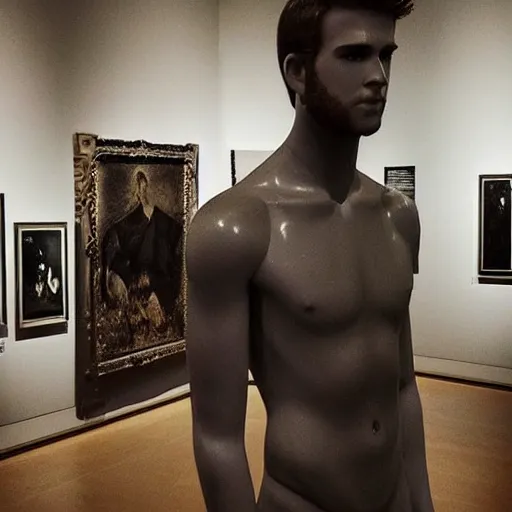 Image similar to “a realistic detailed photo of a guy who is an attractive humanoid who is half robot and half humanoid, who is a male android, actor Liam Hemsworth, shiny skin, posing like a statue, blank stare, at the museum, on display”