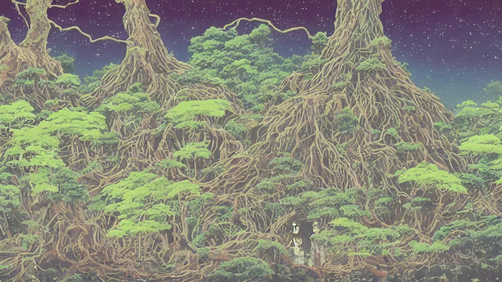 Image similar to tokyo japan with overgrown bioluminescent fungus and strangler fig, anime background, interior, gouache, hand painted, in the style of kazuo oga, studio ghibli