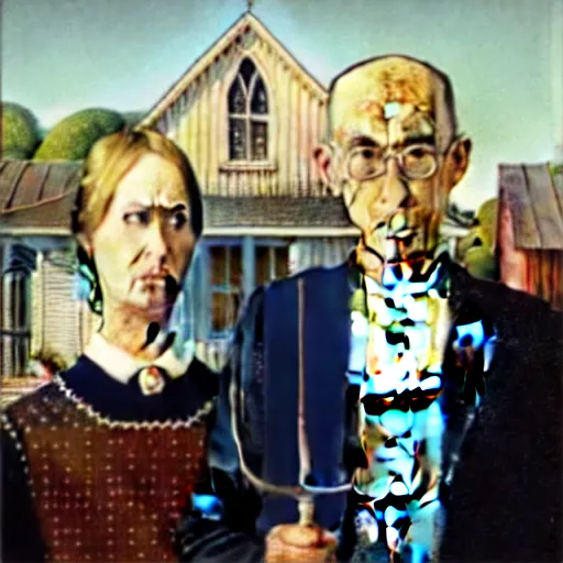 Image similar to american gothic but the man has a tabby cat face,