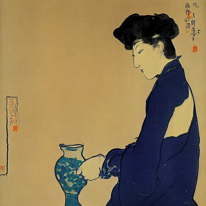 Prompt: woman with painted vase. deep dark indigo blue. henri de toulouse - lautrec, utamaro, matisse