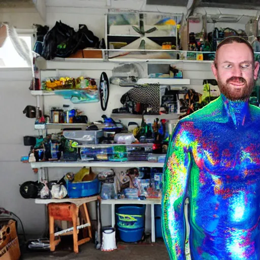 Image similar to a human standing in his garage, he is covered with iridescent bodypaint, his hair has shells and barnacles