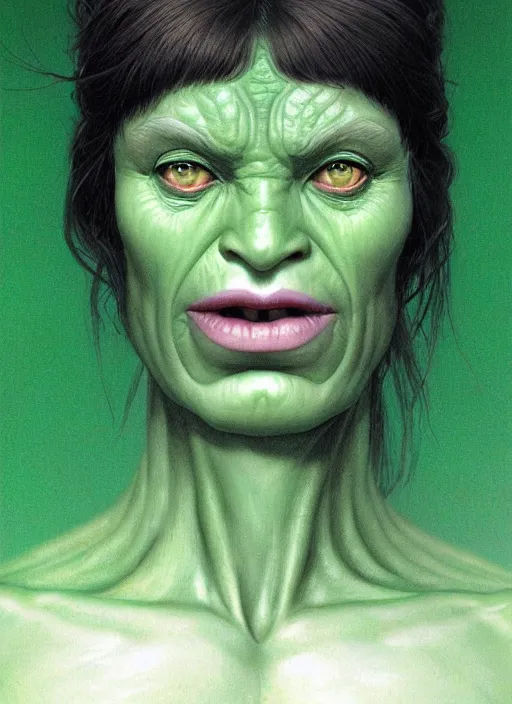 Image similar to green orc female, light green tone beautiful face by wayne barlowe