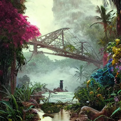 Prompt: tropical island, ornate, beautiful, atmosphere, vibe, mist, smoke, fire, chimney, rain, wet, pristine, puddles, melting, dripping, snow, creek, lush, ice, bridge, forest, roses, flowers, by stanley artgerm lau, greg rutkowski, thomas kindkade, alphonse mucha, loish, norman rockwell