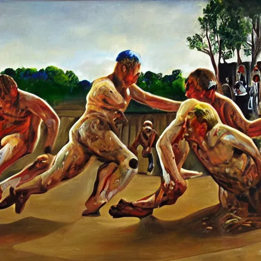 Image similar to 3 drunks fall over mud - wrestling,, where's wally, oil painted ( ( ( ( ( ( by salvador dali ) ) ) ) ) )