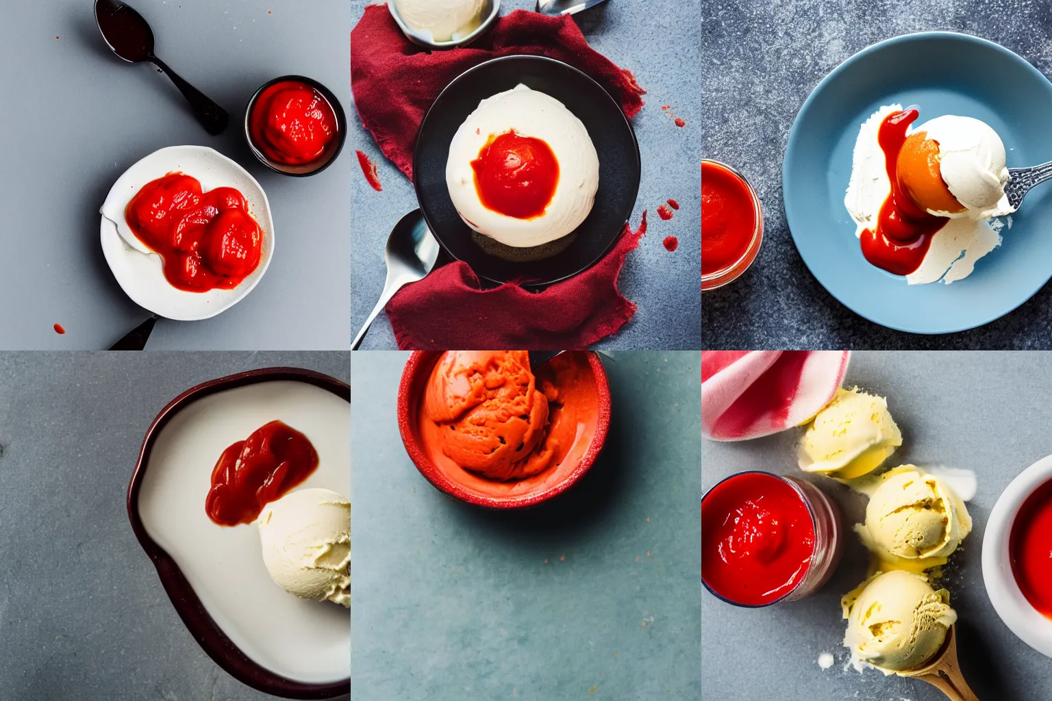 Prompt: A photo of tomato ketchup applied to a scoop vanilla ice cream, food photography