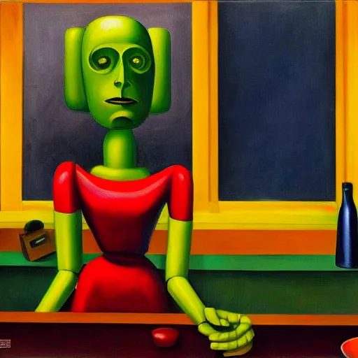 Prompt: sad robot portrait, visage, dystopian, pj crook, edward hopper, oil on canvas