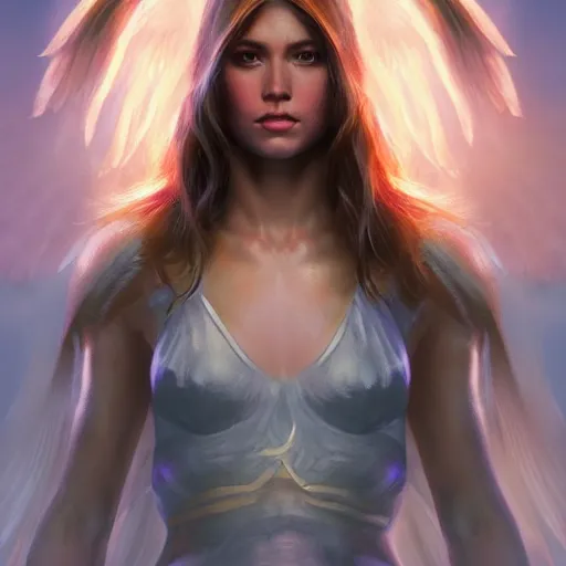 Image similar to female angel warrior. hyperrealistic portrait, photo realistic, poster, artstation, volumetric lighting, digital art, very detailed face by magali villeneuve