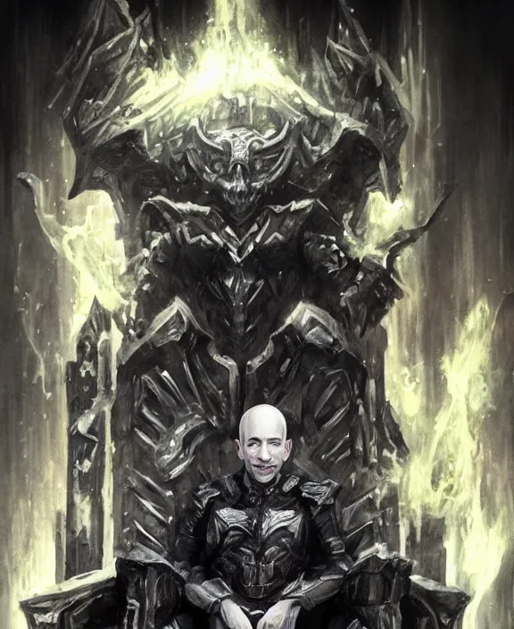 Image similar to a grimdark fantasy concept art portrait of jeff bezos sitting on a dark and evil throne