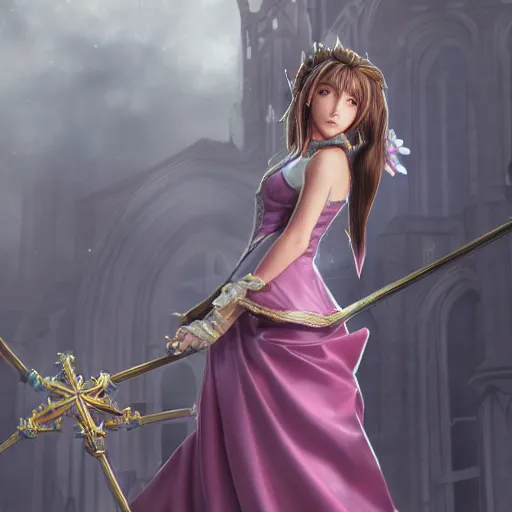 Prompt: aerith from final fantasy in a beautiful dress standing in front of a church, concept art, beautiful lighting, 8 k, digital art, trending on artstation, by yoshitaka amano