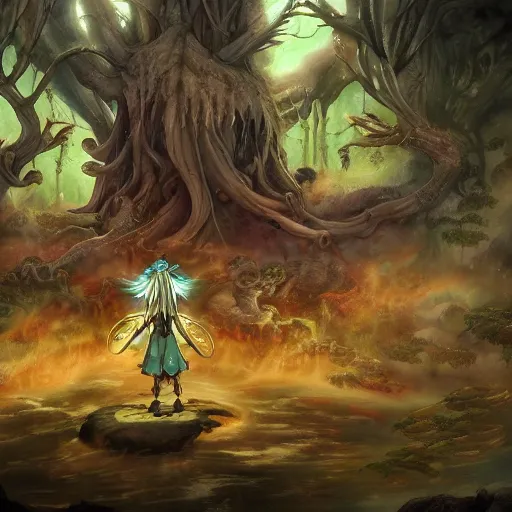 Prompt: dance of shaman king with treebeard and ghosts and fairies illustration by Renato muccillo and Andreas Rocha and Johanna Rupprecht + dofus colors, wakfu colors + symmetry + greco-roman art, intricate ink illustration, intricate complexity, epic composition, magical atmosphere + wide long shot, wide angle + masterpiece, trending on artstation + 4k