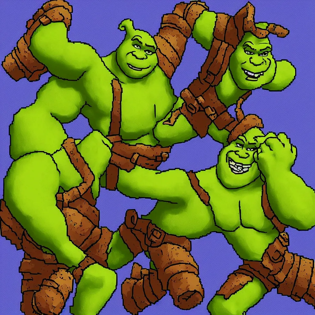 Prompt: pixel art of shrek for a fighting game