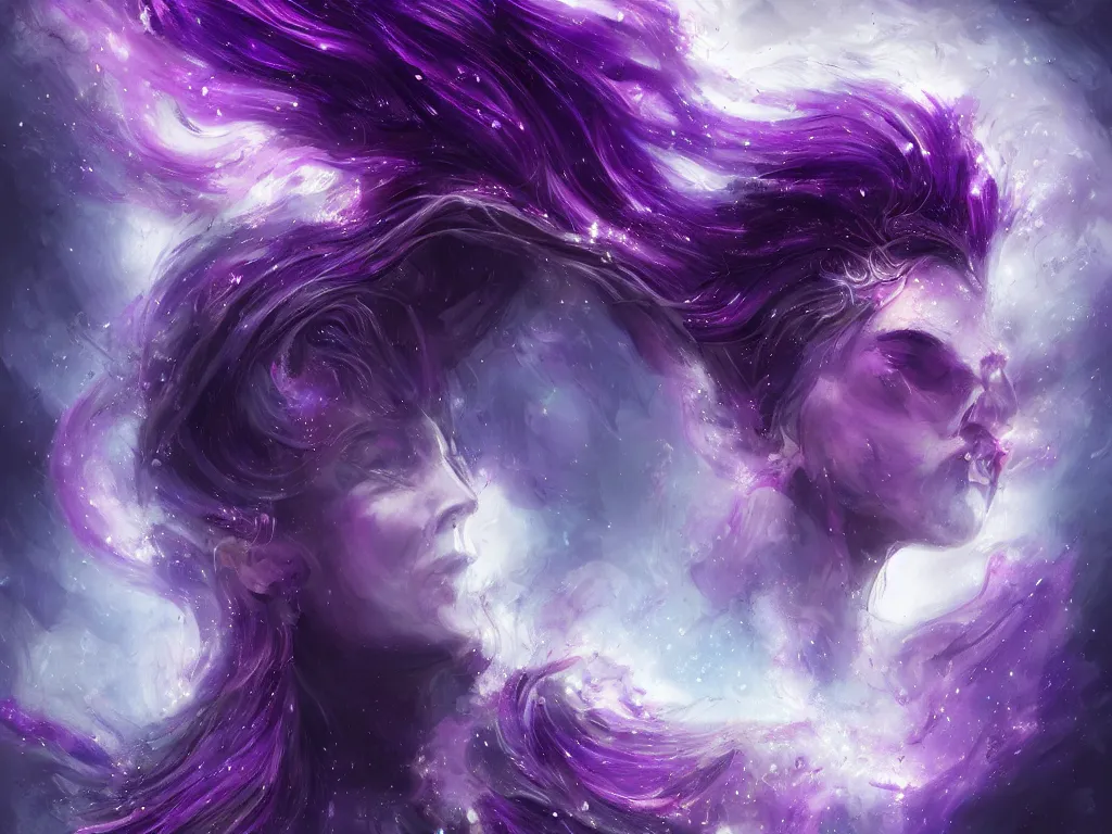 Image similar to epic portrait an beautiful nebulae goddess with purple long flowing hair and purple glowing eyes, sweaty skin, beautiful face, blurry lighting strike space backround, digital painting, artstation, concept art, soft light, hdri, smooth, sharp focus, illustration, fantasy, intricate, elegant, highly detailed, D&D, matte painting, in the style of Greg Rutkowski and Alphonse Mucha and artemisia, 8k, highly detailed, jurgens, rutkowski, bouguereau, pastoral, rustic, georgic, detailed concept art, illustration, colorful pastel, painting, detail, ultra detailed, digital art, 4K,