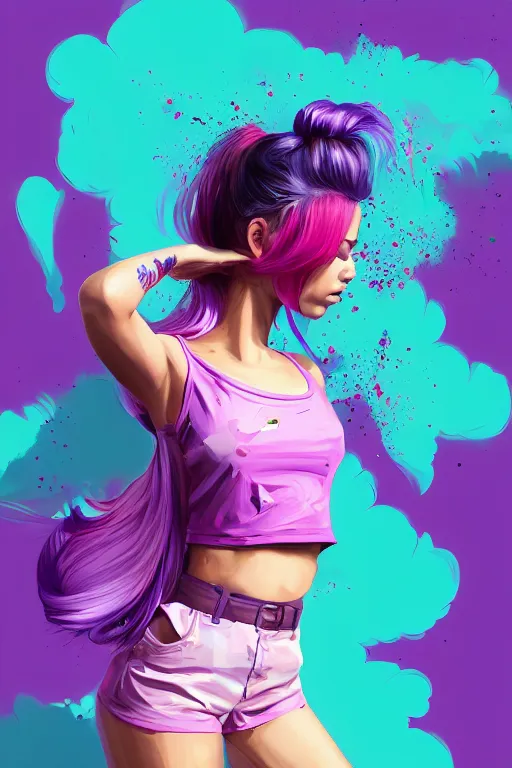 Image similar to a award winning half body portrait of a beautiful woman in a croptop and cargo pants with ombre purple pink teal hairstyle with head in motion and hair flying by artgerm, paint splashes, splatter, outrun, vaporware, shaded flat illustration, digital art, trending on artstation, highly detailed, fine detail, intricate