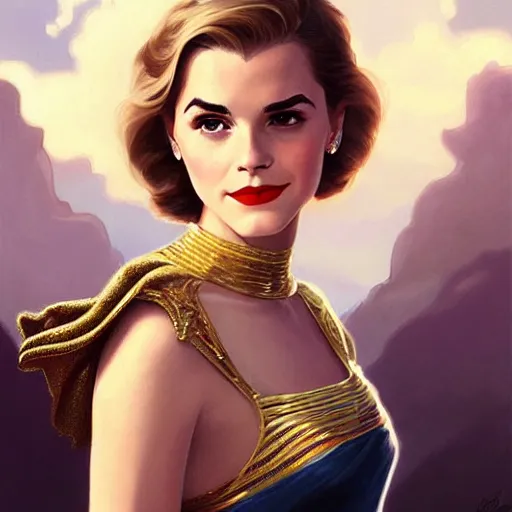 Image similar to A combination of Grace Kelly's and Emma Watson's and Victoria Justice's faces as Super Girl, western, D&D, fantasy, intricate, elegant, highly detailed, digital painting, artstation, concept art, matte, sharp focus, illustration, art by Artgerm and Greg Rutkowski and Alphonse Mucha