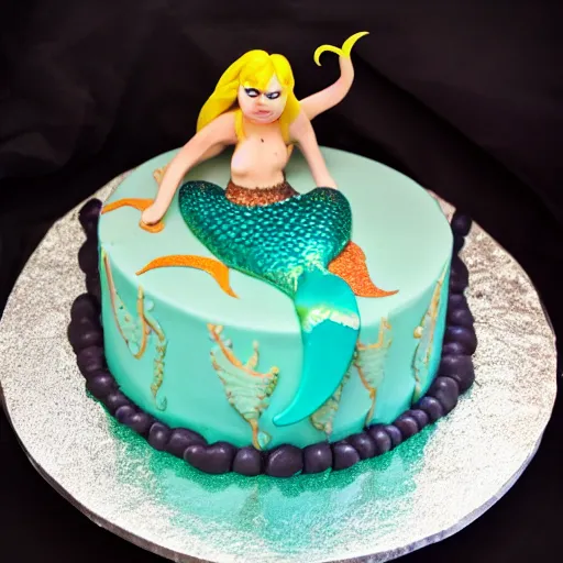 Image similar to angry mermaid themed birthday cake, food photography,