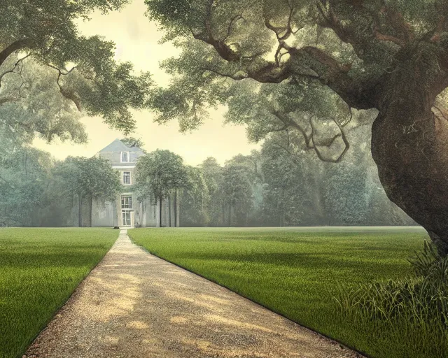 Image similar to a southern plantation with a long tree-lined driveway, romanticism, hyperdetailed, artstation, cgsociety, 8k