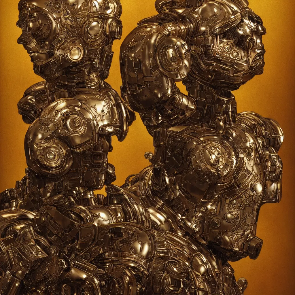 Image similar to cinematic bust portrait of futuristic god robot, head and chest only, part by Norman Rockwell, part by maxfield parrish, part by Mattias Adolfsson part by Moebious, high angle, intricate, detailed, volumetric lighting, oil on canvas, HD, HDR, 4K, 8K , nice colors, hyper-realistic