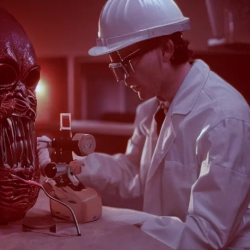 Prompt: hyper detailed creepy dimly lit filmic movie like wide shot color film 35mm photograph of scientist in a top secret lab in 1982 being viciously attacked and mauled by a mutated alien embryo specimen