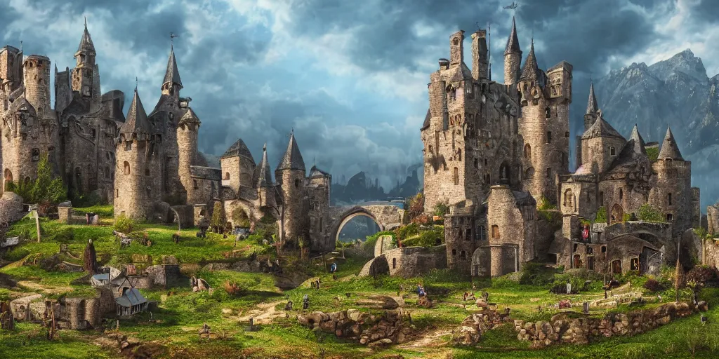 Image similar to landscape with a medieval gothic castle and a medieval village in a valley, hyperrealistic, realistic, photorealistic, dynamic lighting, highly detailed, cinematic landscape, studio landscape, studio lighting
