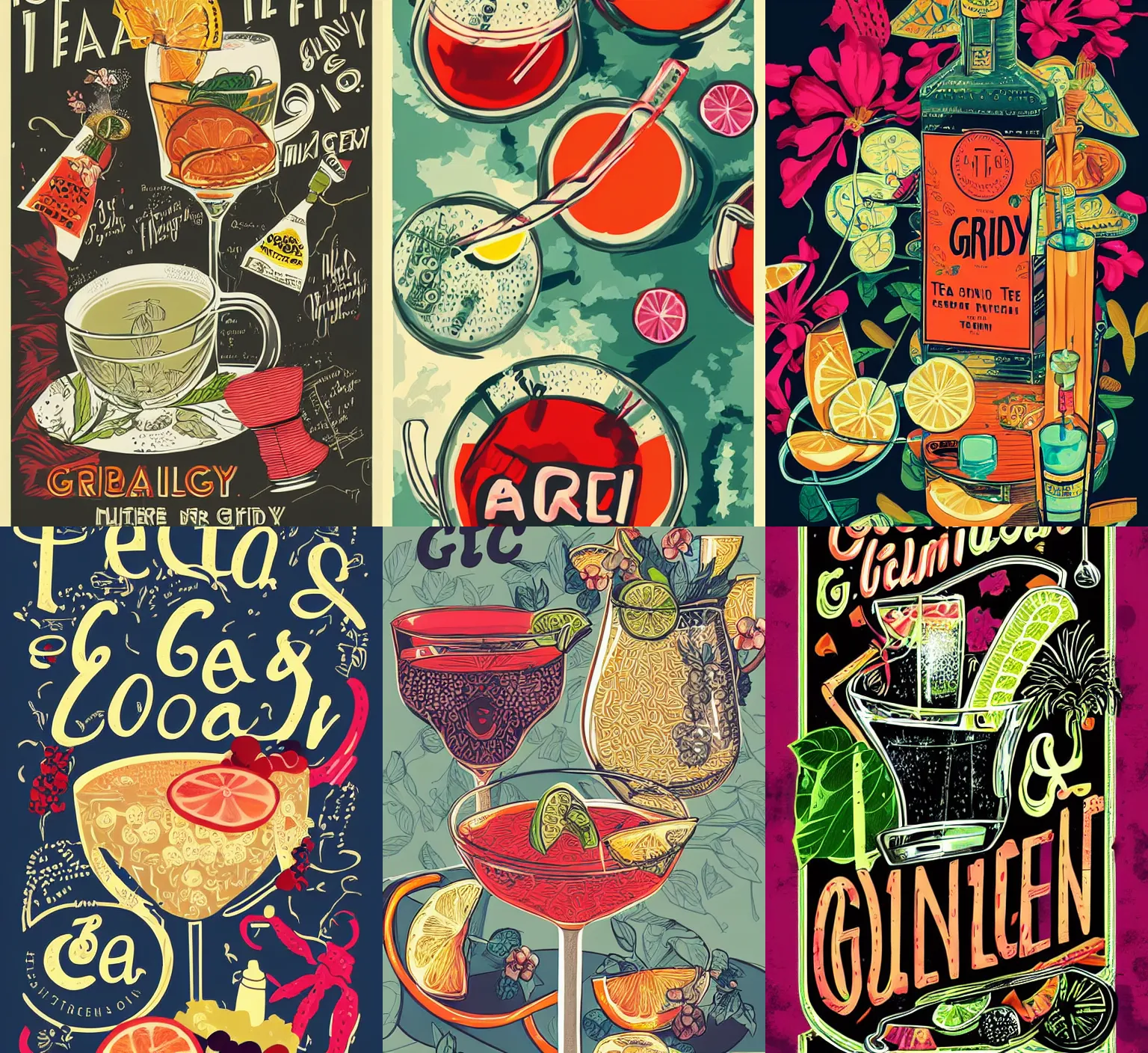 Prompt: tea and gin coctail, poster, illustration, detailed, colorful, art by greasley laurie, modern, trendy