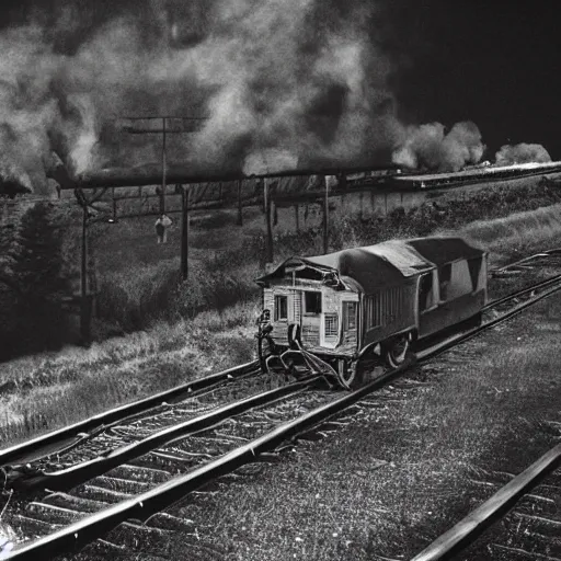 Image similar to the disembodied spirit of a dangerous railroad demon, Boxcar on the railroad, Cinematic, 35mm, film still from horror movie