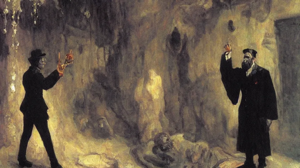 Prompt: hell's concierge welcoming you into the abyss, in the style of ilya repin