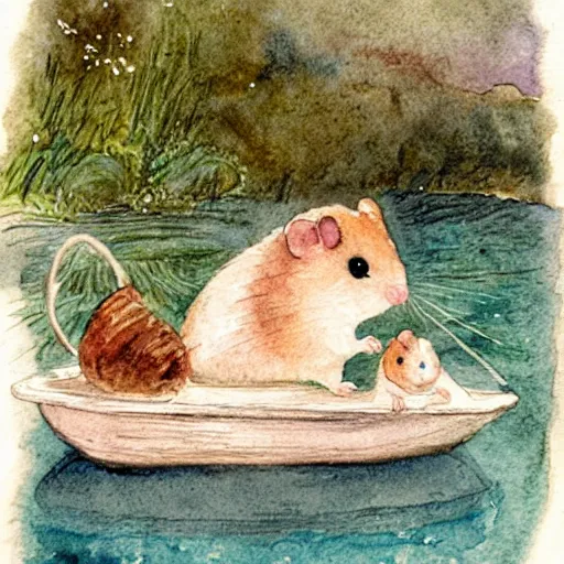 Image similar to a watercolor painting of a hamster in a boat by Beatrix Potter, behance, naive art, watercolor, storybook illustration, photoillustration