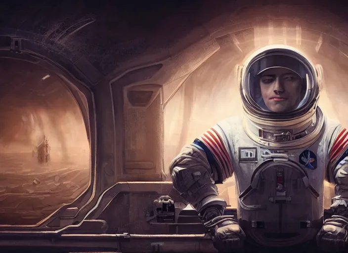 Prompt: symmetrical!!! portrait of christian!! mormon astronaut, grim lighting, dieselpunk, concept art, artstation, stephen bliss, unreal engine, game screenshot