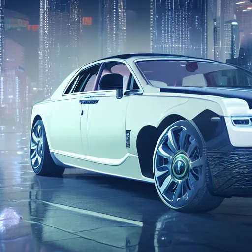 Image similar to 3 d octane render, super detailed, ray tracing, high quality, super realistic, cyberpunk rolls royce.