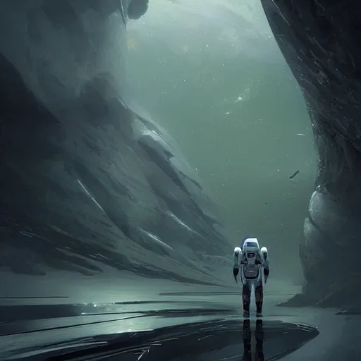 Image similar to a beautiful illustration of an futuristic astronaut with a futuristic white cybernetic spacesuit walking out of a black futuristic spaceship on the moon, by greg rutkowski, digital artwork, artstation, cgartists, conceptartworld, deviantart, magic the gathering artstyle, floating magical rocks, lush green meadow