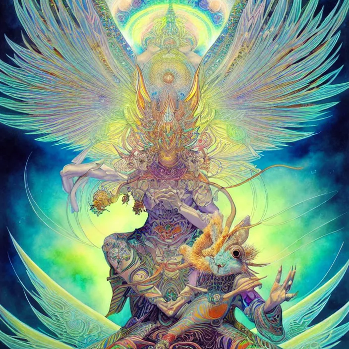 Image similar to psychedelic angelic big chungus by yoshitaka amano, and peter mohrbacher, ayahuasca, sacred geometry, esoteric art, watercolor