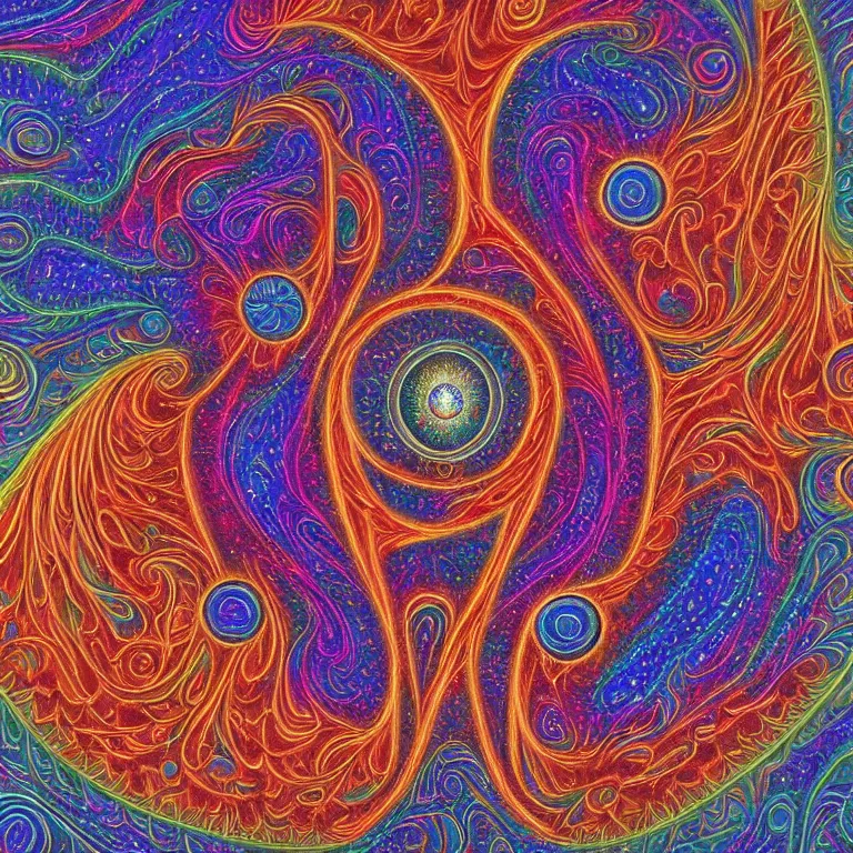 Image similar to psychedelic trippy fractal soul on fire deep space galaxy within award winning painting by alex grey symmetrical