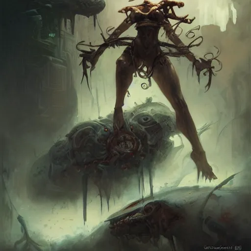 Prompt: conglomerate of machine and flesh, festering, enraged, threatening, by lucas graciano, digital art, steve argyle, peter mohrbacher, davi blight